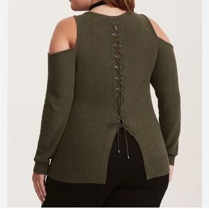 Torrid Off-Shoulder Lace-Up Sweater in Olive